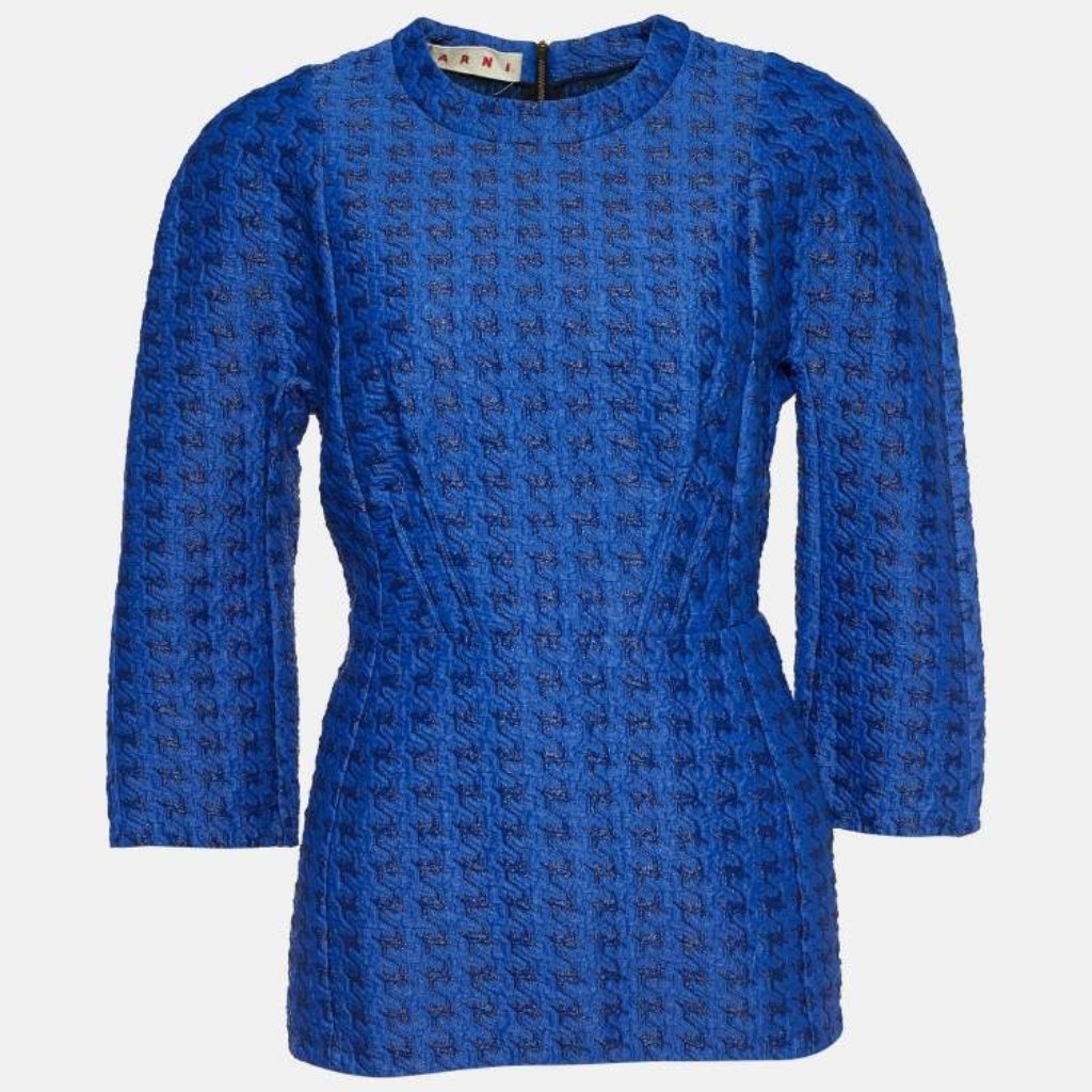 Marni Marni Royal Blue Houndstooth Jacquard Peplum Top M